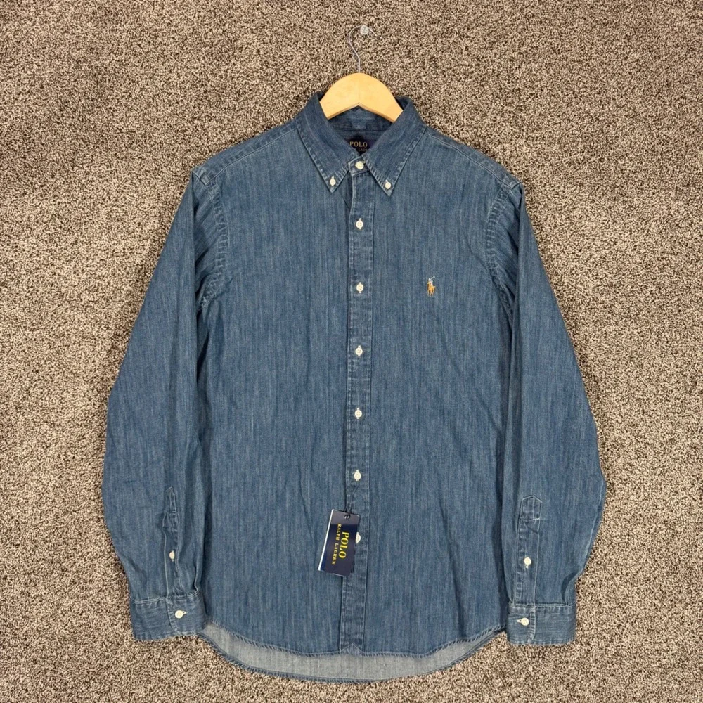 Polo Ralph Lauren Denim Shirt Mens L Classic Fit Blue Button Down Flesh Pony